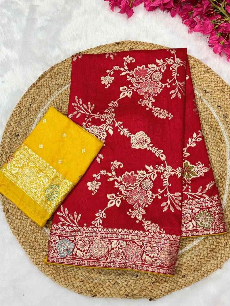 Red tapela dying dola silk blend saree with blouse