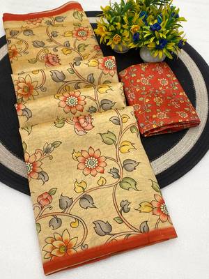 Chikoo digital print zarna silk blend saree with blouse 1