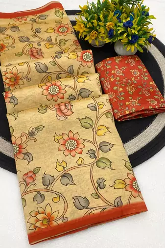 Chikoo digital print zarna silk blend saree with blouse