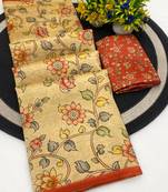 Chikoo digital print zarna silk blend saree with blouse