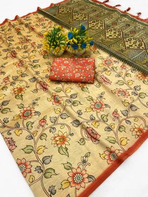 Chikoo digital print zarna silk blend saree with blouse 2