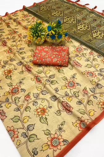 Chikoo digital print zarna silk blend saree with blouse