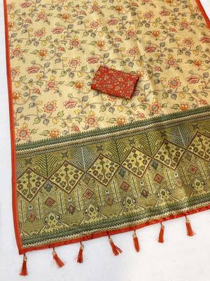 Chikoo digital print zarna silk blend saree with blouse 3