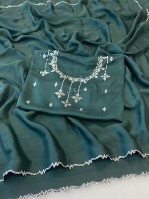 Green zharkan stone work moss chiffon saree with blouse 1