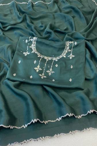 Green zharkan stone work moss chiffon saree with blouse