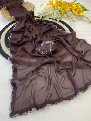 Dark brown zharkan stone work moss chiffon saree with blouse 1