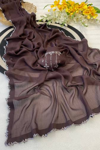 Dark brown zharkan stone work moss chiffon saree with blouse