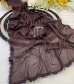 Dark brown zharkan stone work moss chiffon saree with blouse
