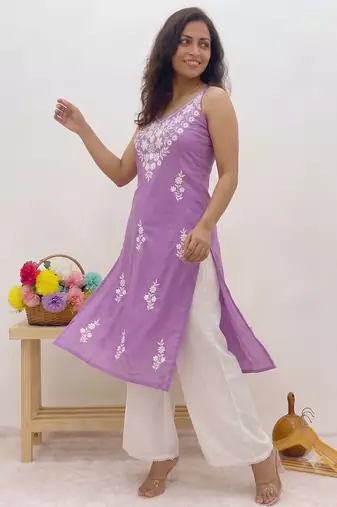 Lavendar embroidered sleeveless kurti with white palazzo set for women