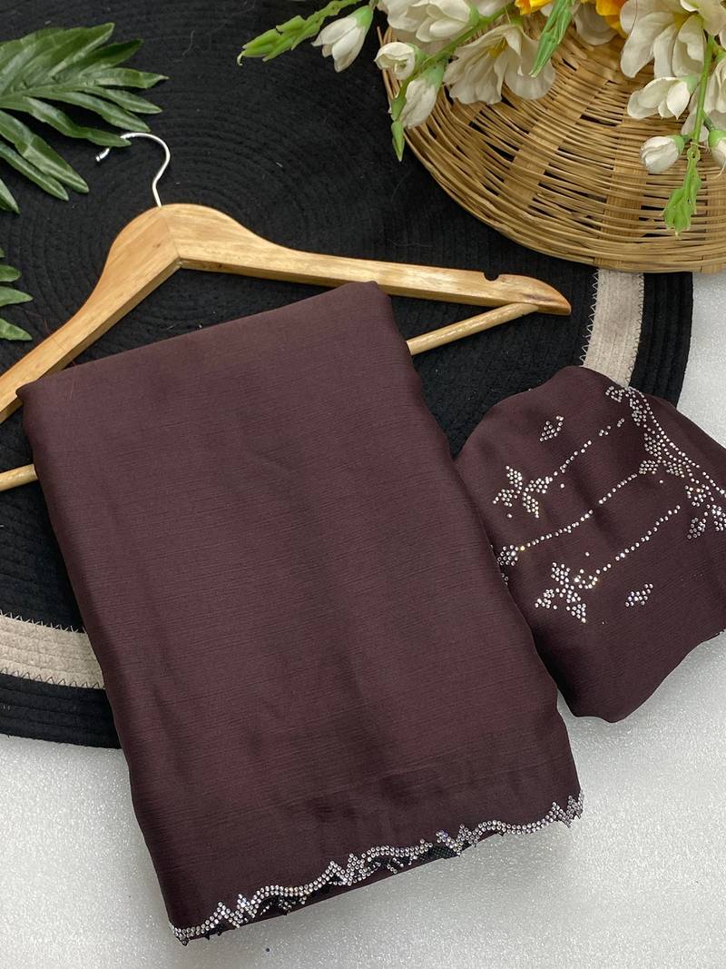 Dark brown zharkan stone work moss chiffon saree with blouse