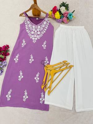 Lavendar embroidered sleeveless kurti with white palazzo set for women 4
