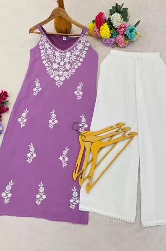 Lavendar embroidered sleeveless kurti with white palazzo set for women