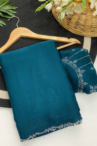 Firozi zharkan stone work moss chiffon saree with blouse
