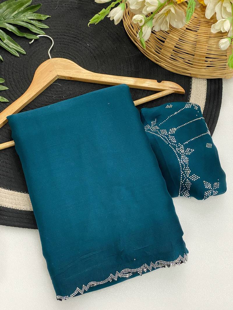 Firozi zharkan stone work moss chiffon saree with blouse