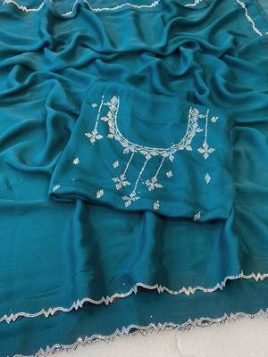 Firozi zharkan stone work moss chiffon saree with blouse 2