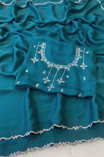 Firozi zharkan stone work moss chiffon saree with blouse