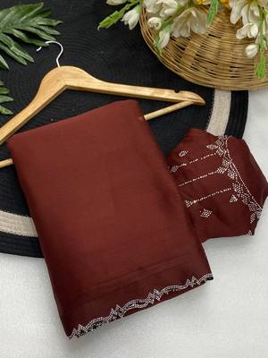 Maroon zharkan stone work moss chiffon saree with blouse 1