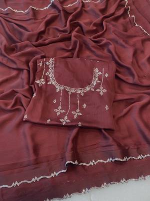 Maroon zharkan stone work moss chiffon saree with blouse 2