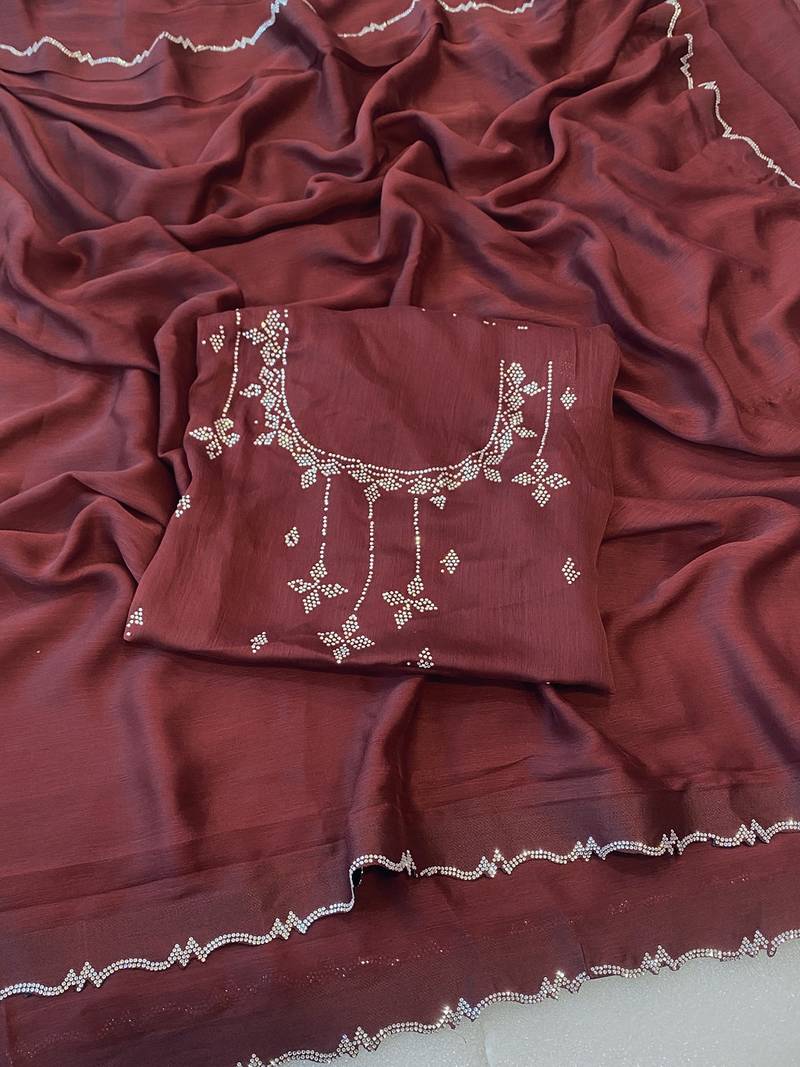 Maroon zharkan stone work moss chiffon saree with blouse