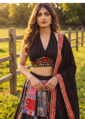 Women's Black Zari Thread Printed Work Lehenga Choli For Navratri 2