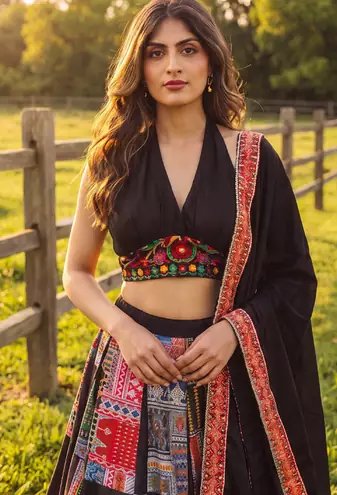 Women's Black Zari Thread Printed Work Lehenga Choli For Navratri