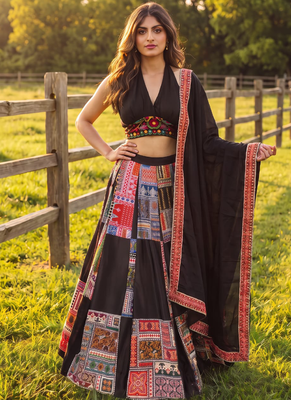 Women's Black Zari Thread Printed Work Lehenga Choli For Navratri 4