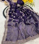 Blue zari embroidery work crunchy saree with blouse