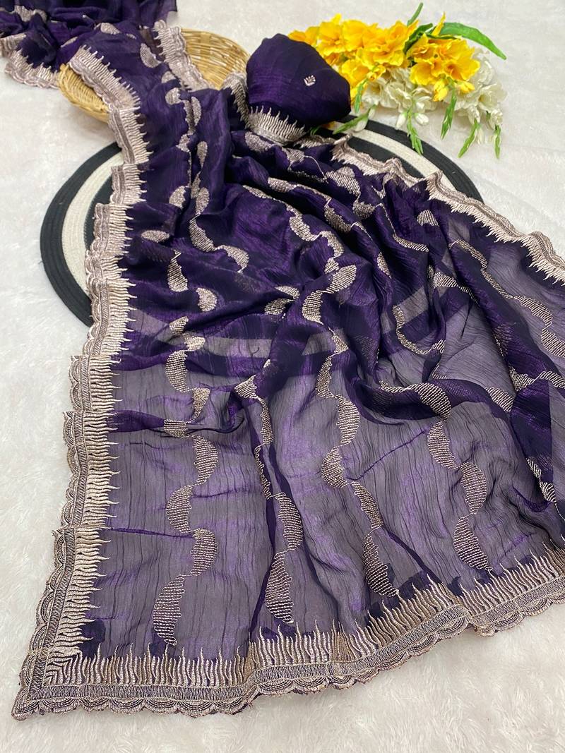 Blue zari embroidery work crunchy saree with blouse