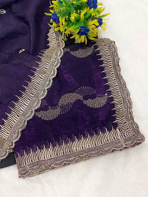 Blue zari embroidery work crunchy saree with blouse 2