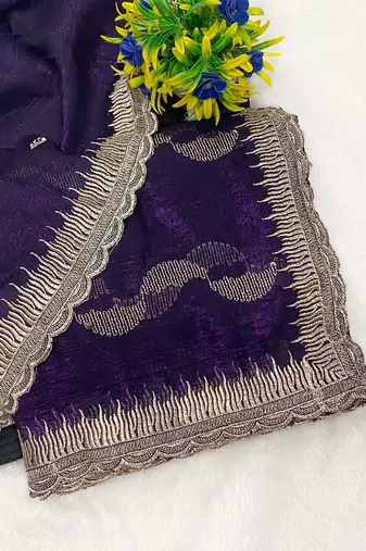 Blue zari embroidery work crunchy saree with blouse