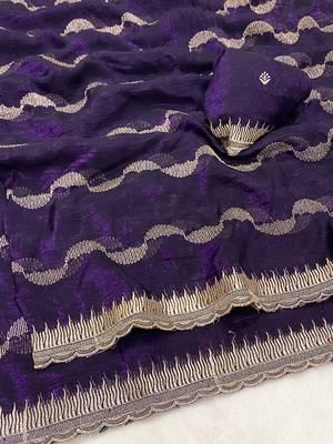 Blue zari embroidery work crunchy saree with blouse 3