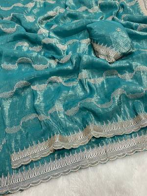 Firozi zari embroidery work crunchy saree with blouse 1