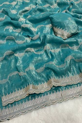 Firozi zari embroidery work crunchy saree with blouse