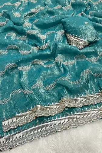 Firozi zari embroidery work crunchy saree with blouse