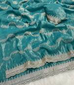 Firozi zari embroidery work crunchy saree with blouse
