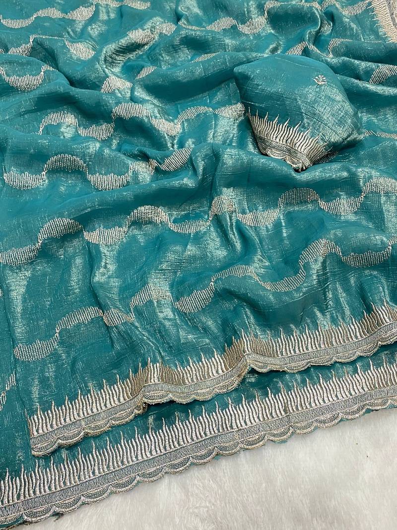 Firozi zari embroidery work crunchy saree with blouse