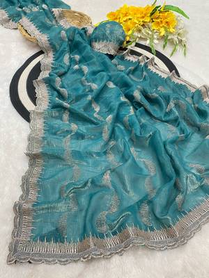 Firozi zari embroidery work crunchy saree with blouse 2
