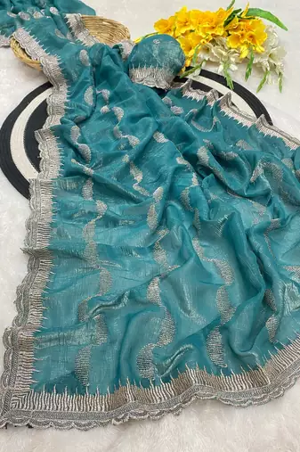 Firozi zari embroidery work crunchy saree with blouse
