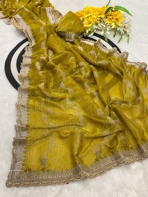 Mustard zari embroidery work crunchy saree with blouse 1