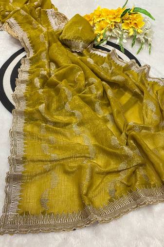 Mustard zari embroidery work crunchy saree with blouse