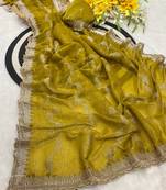 Mustard zari embroidery work crunchy saree with blouse