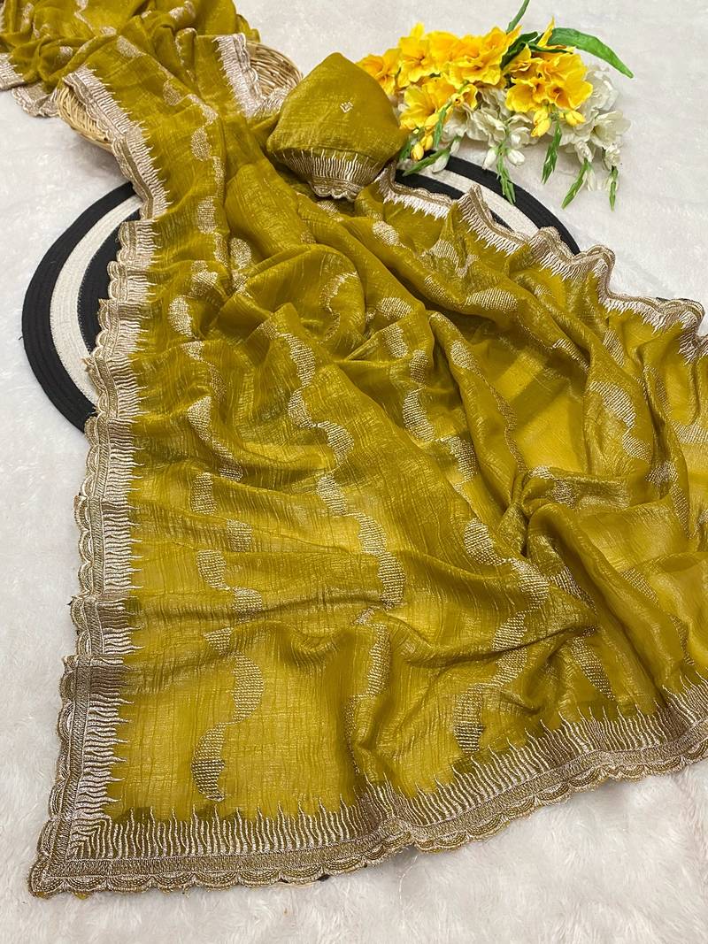 Mustard zari embroidery work crunchy saree with blouse