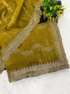 Mustard zari embroidery work crunchy saree with blouse 2