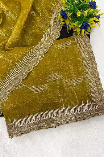 Mustard zari embroidery work crunchy saree with blouse