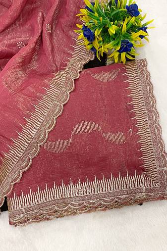 Onion zari embroidery work crunchy saree with blouse