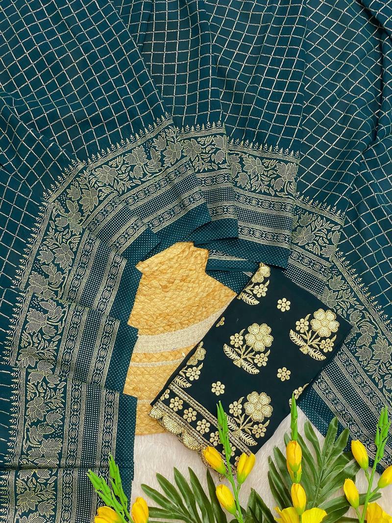 Petrol foil work georgette saree with blouse