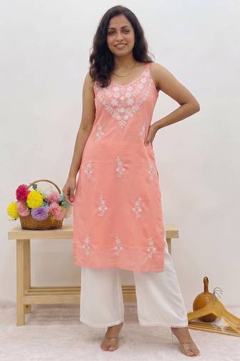 Peach embroidered sleeveless kurti with white palazzo set for women