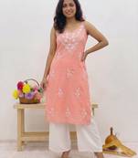 Peach embroidered sleeveless kurti with white palazzo set for women