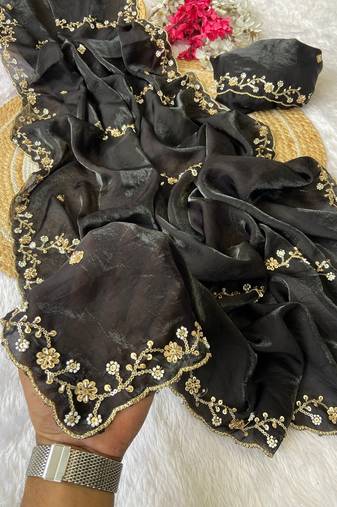 Black beads embroidery work fendy satin saree with blouse