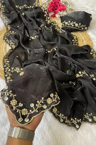 Black beads embroidery work fendy satin saree with blouse